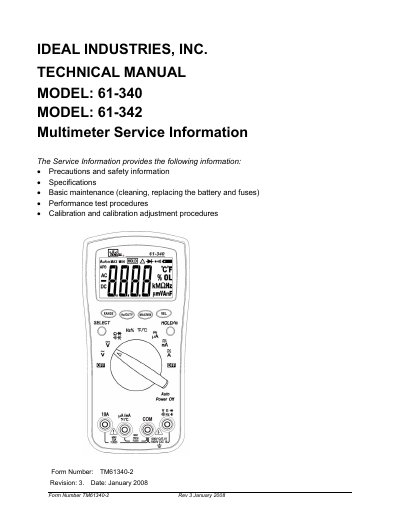 Ideal 61-340/61-342 Multimeter Service Information Manual - cover page