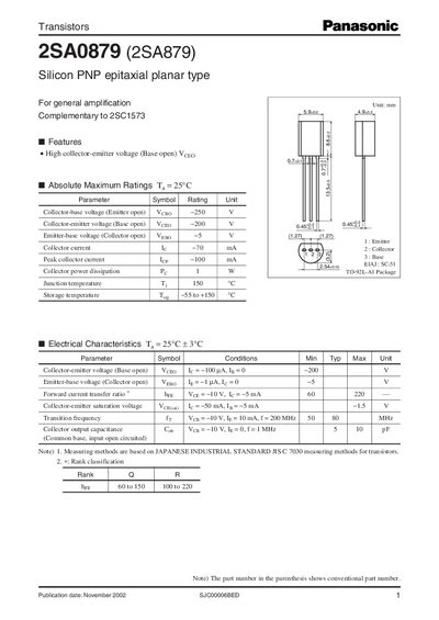 Panasonic 2SA0879/(2SA879) Manual - cover page
