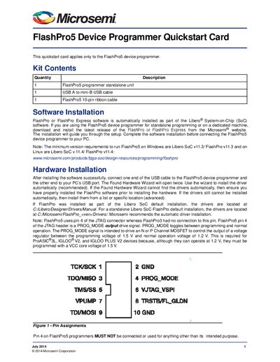 Microsemi FlashPro5 Device Programmer Quickstart Card - cover page