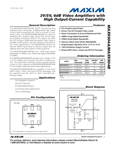 Maxim MAX9504A/MAX9504B 3V/5V Video Amplifier Datasheet - cover page