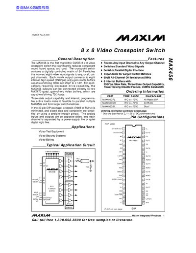 Maxim MAX456 8 x 8 Video Crosspoint Switch Datasheet - cover page