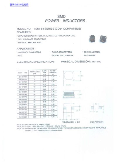 SMD SMI-54 Series Power Inductors Datasheet - cover page