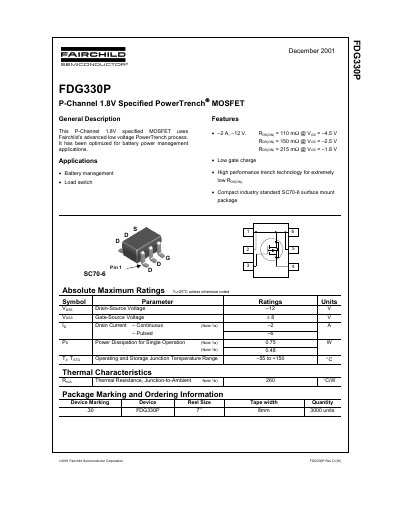 Fairchild Semiconductor FDG330P P-Channel MOSFET Datasheet - cover page