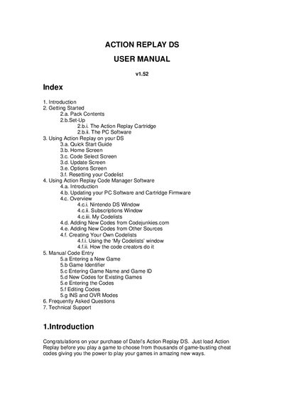 Datel Action Replay DS User Manual v1.52