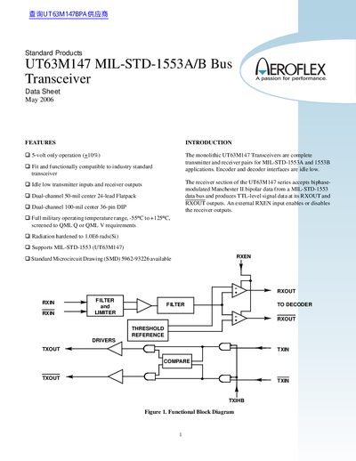 Standard Products UT63M147 MIL-STD-1553A/B Bus Transceiver Data Sheet - cover page