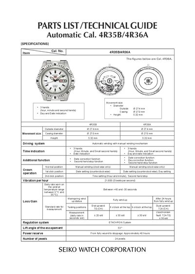 Seiko Cal. 4R35B/4R36A Parts List and Technical Guide - cover page
