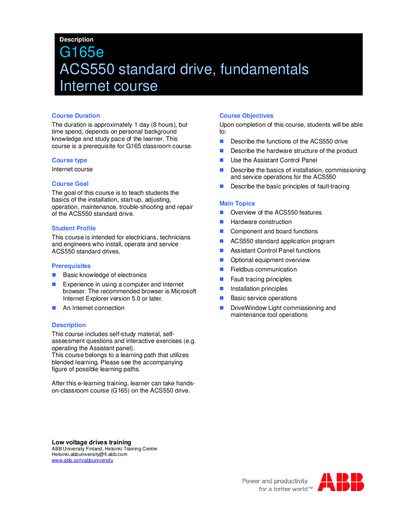 ABB G165e ACS550 standard drive fundamentals Internet course Manual - cover page