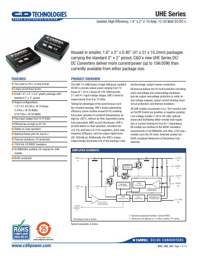 C&D UHE Series Isolated High Efficiency DC/DC Converter Datasheet - cover page