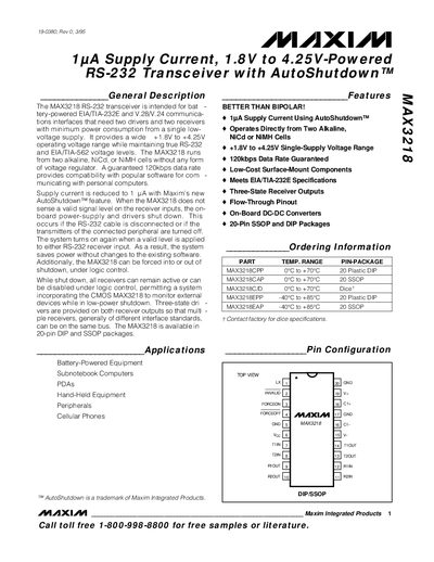 Maxim MAX3218 RS-232 Transceiver Datasheet - cover page
