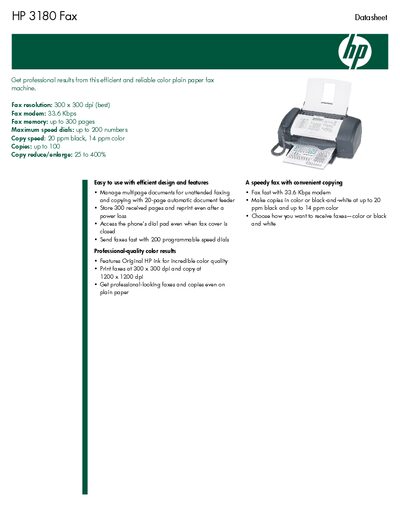 HP 3180 Fax Datasheet - cover page