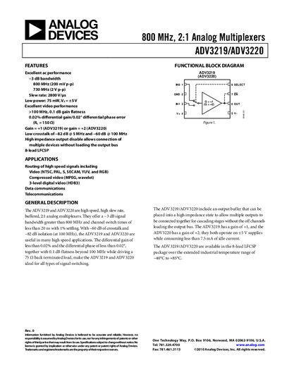 Analog Devices ADV3219/ADV3220 800 MHz 2:1 Analog Multiplexer Product Handbook - cover page