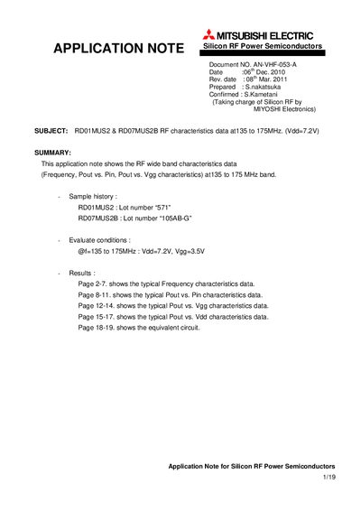 MITSUBISHI ELECTRIC RD01MUS2 RD07MUS2B RF characteristics data at135 to 175MHz. (Vdd=7.2V) Manual - cover page