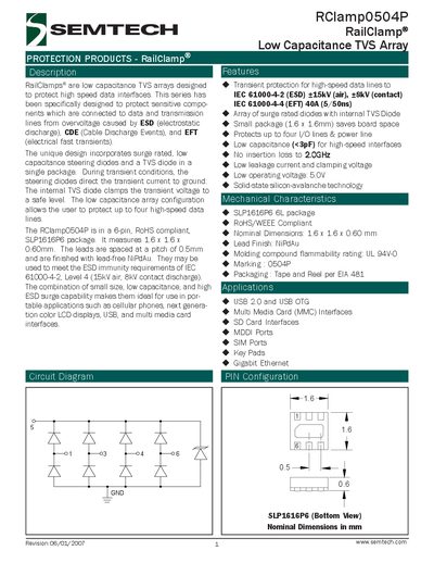 Semtech RClamp0504P RailClamp Low Capacitance TVS Array Handbook - cover page