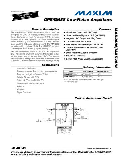 Maxim MAX2686/MAX2688 GPS/GNSS Low-Noise Amplifier Datasheet