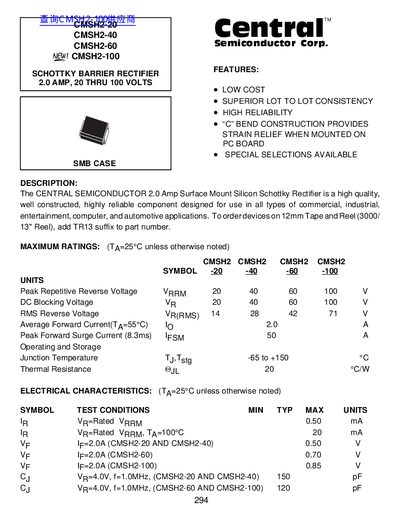 Central CMSH2-20 CMSH2-40 CMSH2-60 CMSH2-100 SCHOTTKY BARRIER RECTIFIER 2.0 AMP 20 THRU 100 VOLTS handbook - cover page