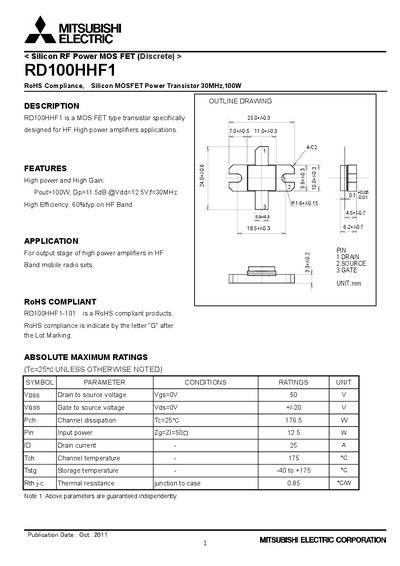 Mitsubishi RD100HHF1 Silicon RF Power MOSFET Datasheet - cover page