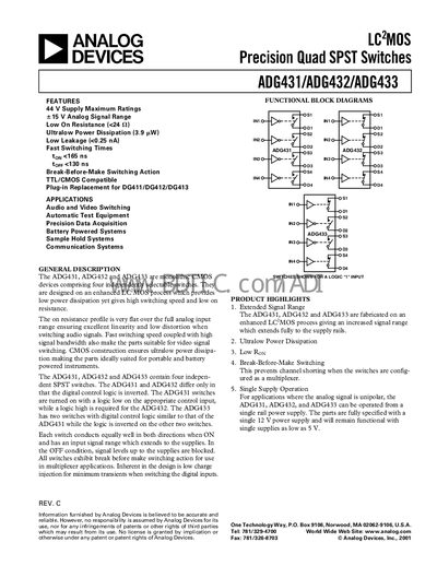 Analog Devices ADG431/ADG432/ADG433 Quad SPST Switches Datasheet - cover page