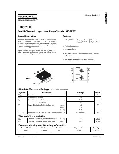 Fairchild Semiconductor FDS6910 Dual N-Channel Logic Level PowerTrench MOSFET Datasheet - cover page