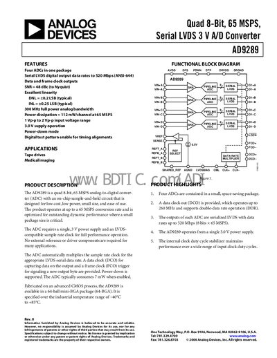 Analog Devices AD9289 Datasheet - cover page