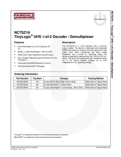 Fairchild NC7SZ19 TinyLogic UHS 1-of-2 Decoder/Demultiplexer Datasheet - cover page