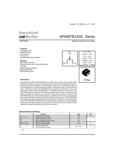 International Rectifier HFA06TB120S Ultrafast Soft Recovery Diode Datasheet - cover page