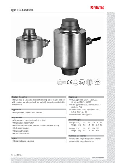 Flintec RC3 Load Cell Product Data Sheet - cover page