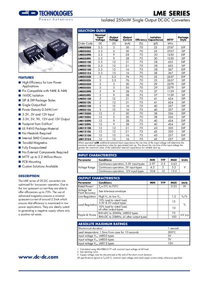 CD TECHNOLOGIES LME SERIES Isolated 250mW Single Output DC-DC Converters - cover page