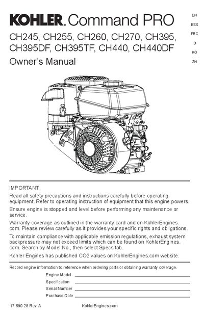 Kohler CH245/CH255/CH260/CH270/CH395/CH395DF/CH395TF/CH440/CH440DF Owner's Manual - cover page