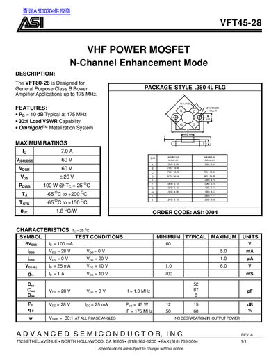 ASI VFT45-28 VHF Power MOSFET Datasheet - cover page