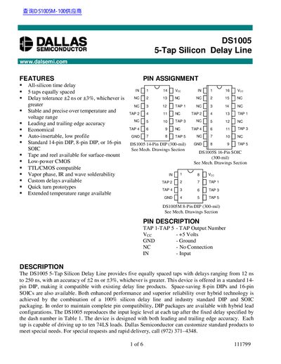 Dallas DS1005 5‑Tap Silicon Delay Line Datasheet