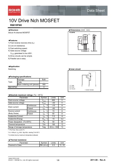 ROHM R6015FNX Datasheet - cover page