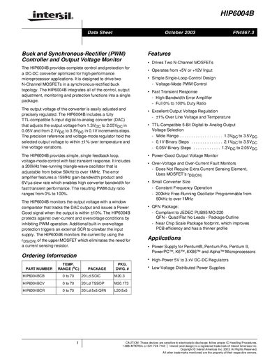 Intersil HIP6004B Buck Synchronous-Rectifier Controller Data Sheet - cover page