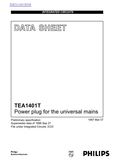 Philips TEA1401T Power Plug Controller Datasheet - cover page