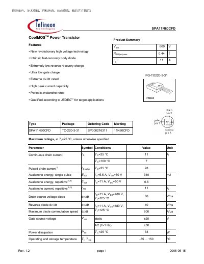 Infineon SPA11N60CFD CoolMOS Power Transistor Datasheet - cover page
