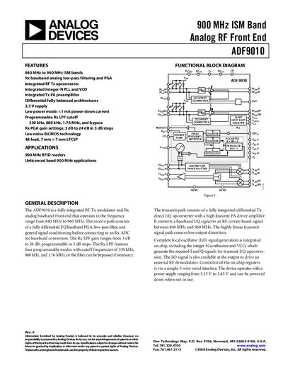 Analog Devices ADF9010 RF Front End Datasheet