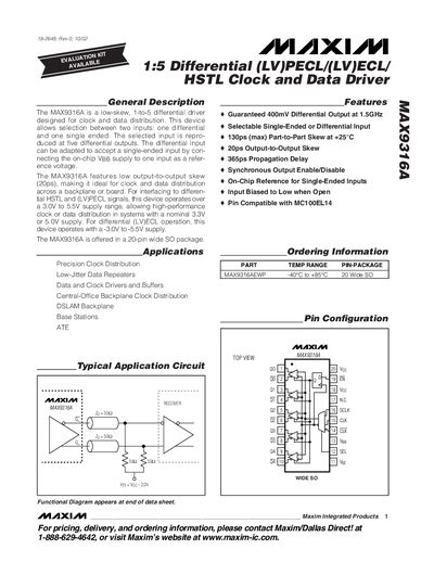 Maxim MAX9316A Differential Clock and Data Driver Datasheet - cover page
