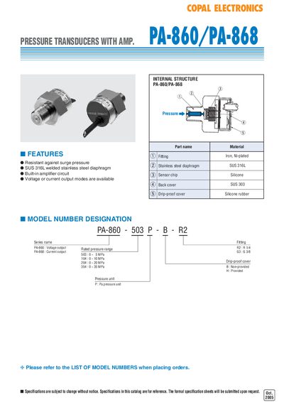 Copal PA-860/PA-868 Pressure Transducers with Amplifier Manual - cover page