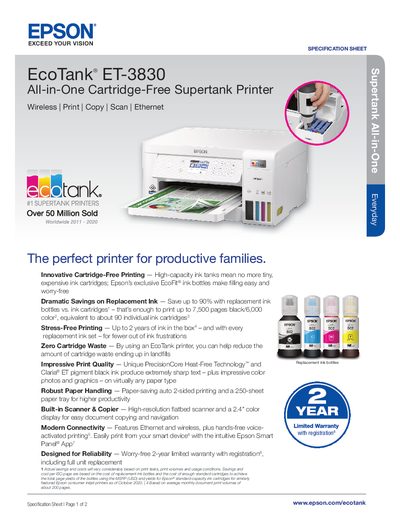 Epson EcoTank ET-3830 All-in-One Printer Specification Sheet - cover page