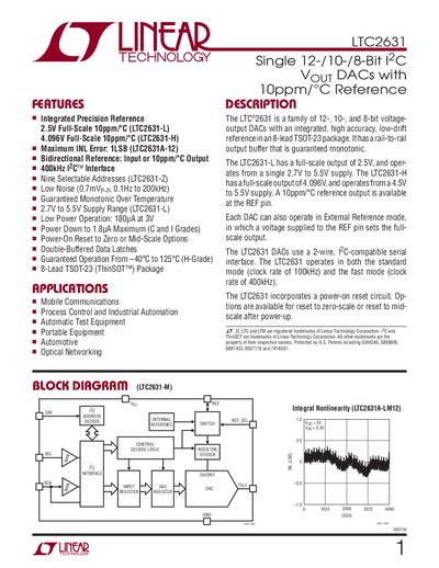 LINEAR TECHNOLOGY LTC2631 Single 12-/10-/8-Bit I C VOUT DACs with 10ppm/&deg;C Reference handbook - cover page