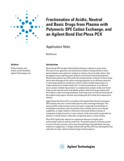 Agilent Bond Elut Plexa PCX Application Note for Drug Fractionation from Plasma - cover page