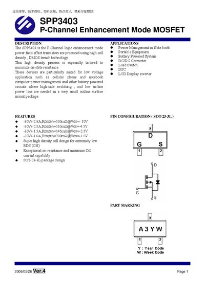 SYNC Power SPP3403 P-Channel Enhancement Mode MOSFET Datasheet