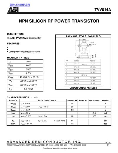 ASI TVV014A NPN Silicon RF Power Transistor Datasheet - cover page
