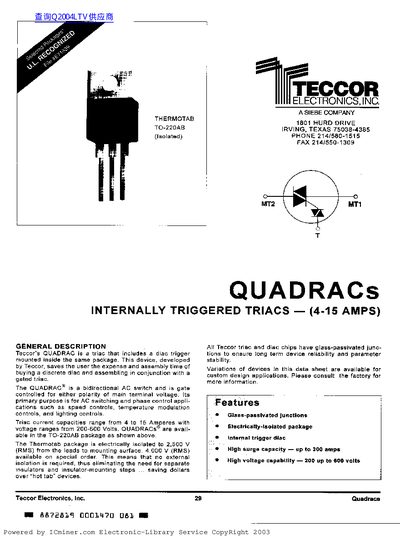 Teccor Electronics Quadracs TO-220AB Datasheet - cover page