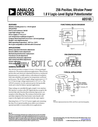 Analog Devices AD5165 Digital Potentiometer Datasheet - cover page
