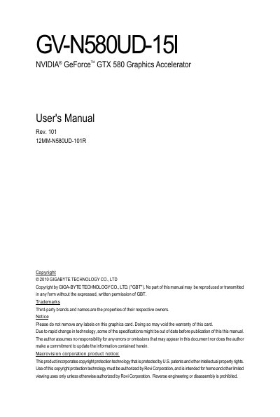 Gigabyte GV-N580UD-15I NVIDIA GeForce GTX 580 Graphics Accelerator User Manual - cover page