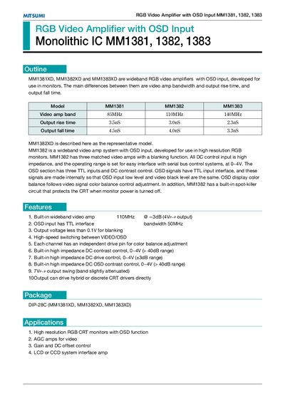 Mitsumi MM1381/MM1382/MM1383 RGB Video Amplifier with OSD Input Datasheet - cover page