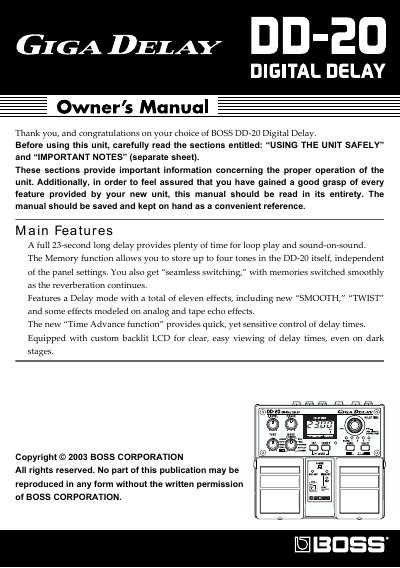 BOSS DD-20 Digital Delay User Manual - cover page