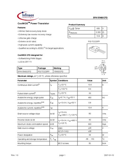 Infineon SPA15N60CFD Power Transistor Datasheet - cover page