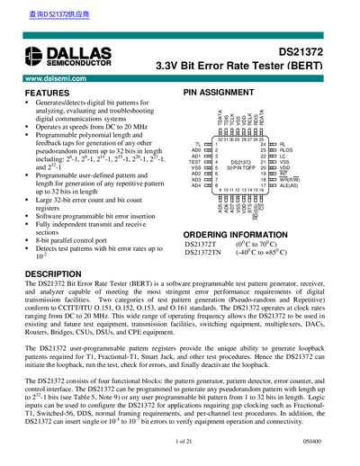 Dallas Semiconductor DS21372 3.3V Bit Error Rate Tester Datasheet - cover page