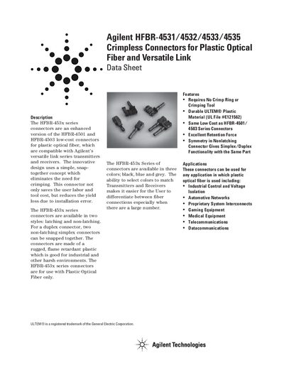 Agilent HFBR-4531/4532/4533/4535 Crimpless Connectors for Plastic Optical Fiber Datasheet - cover page